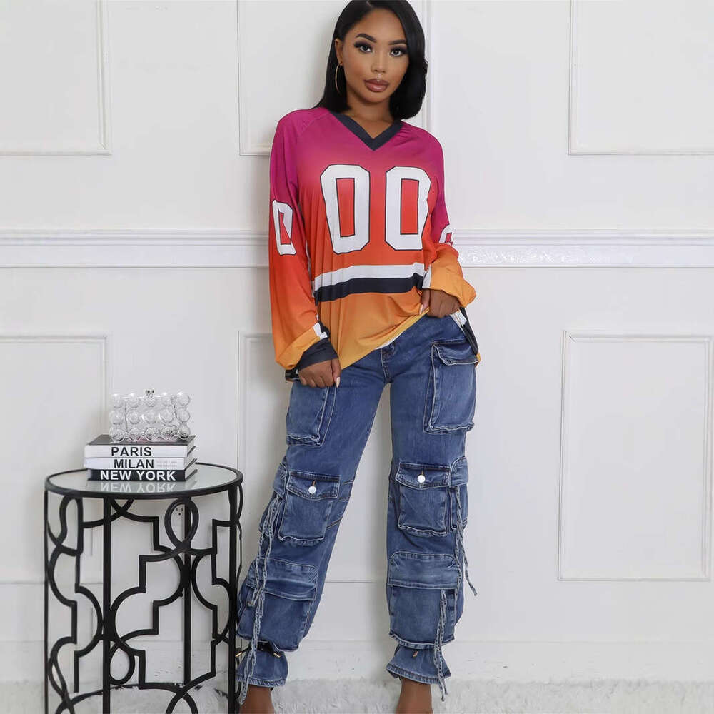 Autumn New Color-Block Fashion Print Loose Casual Sports Style Long Sleeve V-Neck Sweatshirt B5