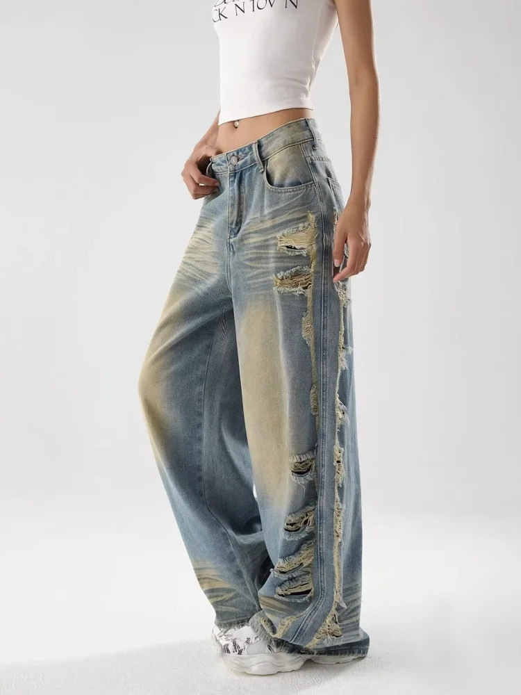 Y2K Clothing Grunge Distressed Blue Baggy Ripped Stacked Jeans Pants For Women 90s Vintage Clothes Wide Leg Lady Denim Trousers 250612