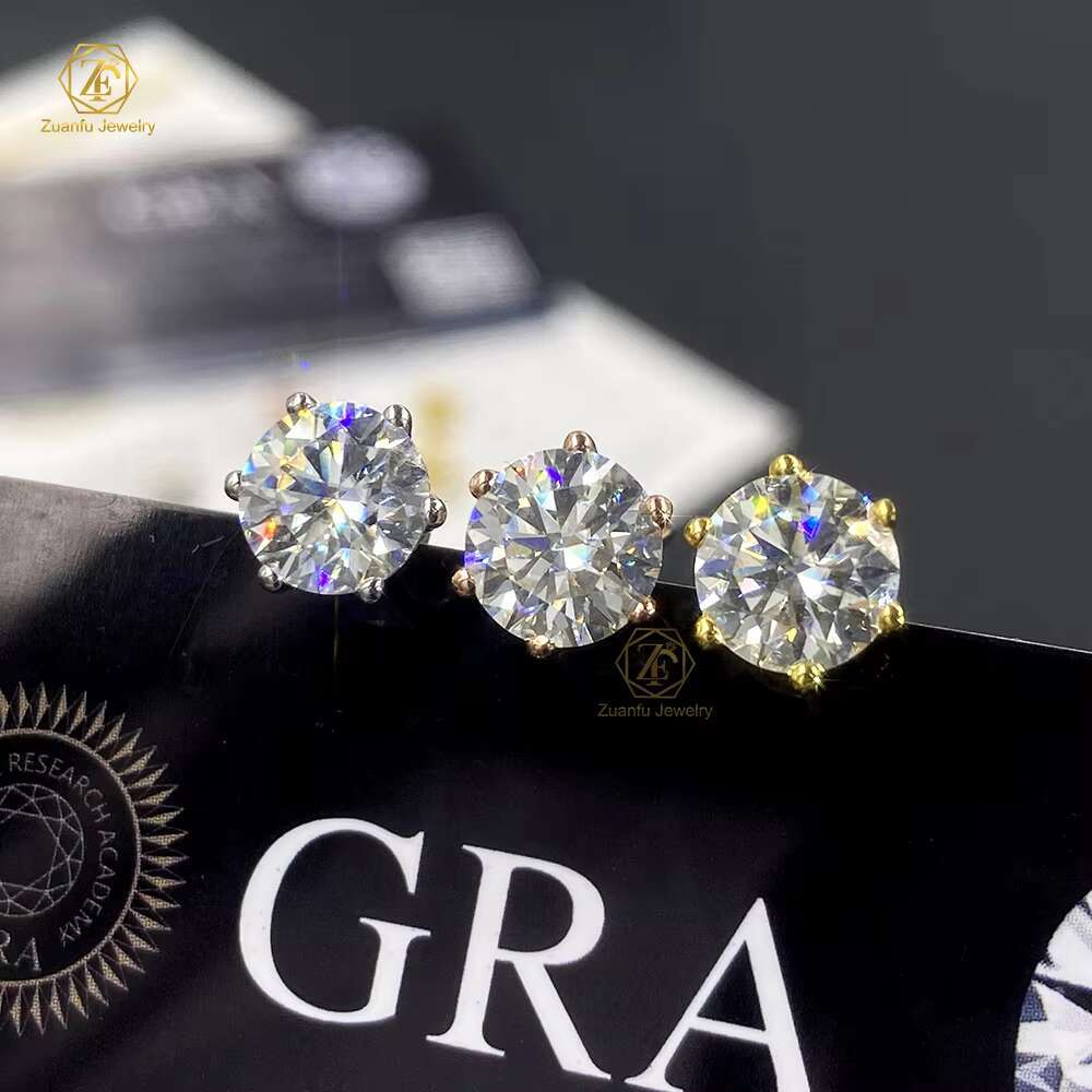 Gold Plated 6.5mm Moissanite Stud Earrings Blue Green Pink 6-Prong Push Back Design Cute Style for Anniversary Occasions