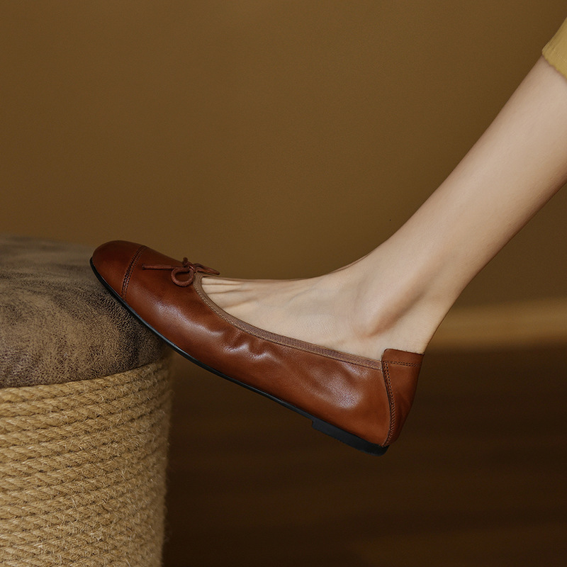 Ddmysheep Super Soft Top Layer Cowhide French Bow Square Toe Flat Ballet Grandma Shoes Brown