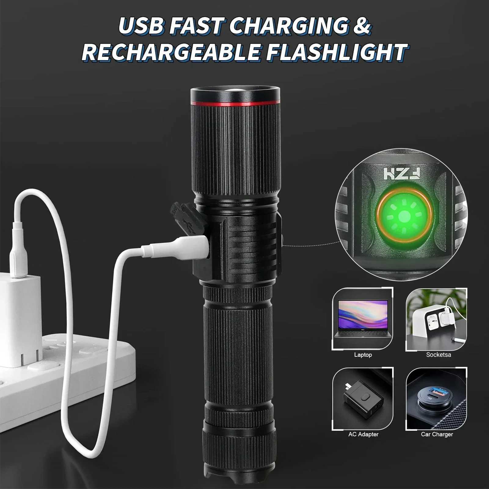 Powerful 50W White Laser Zoom Flashlight Use 18650 or 21700 Battery USB Rechargeable Torch Outdoor Hunting Emergency Lantern W250613