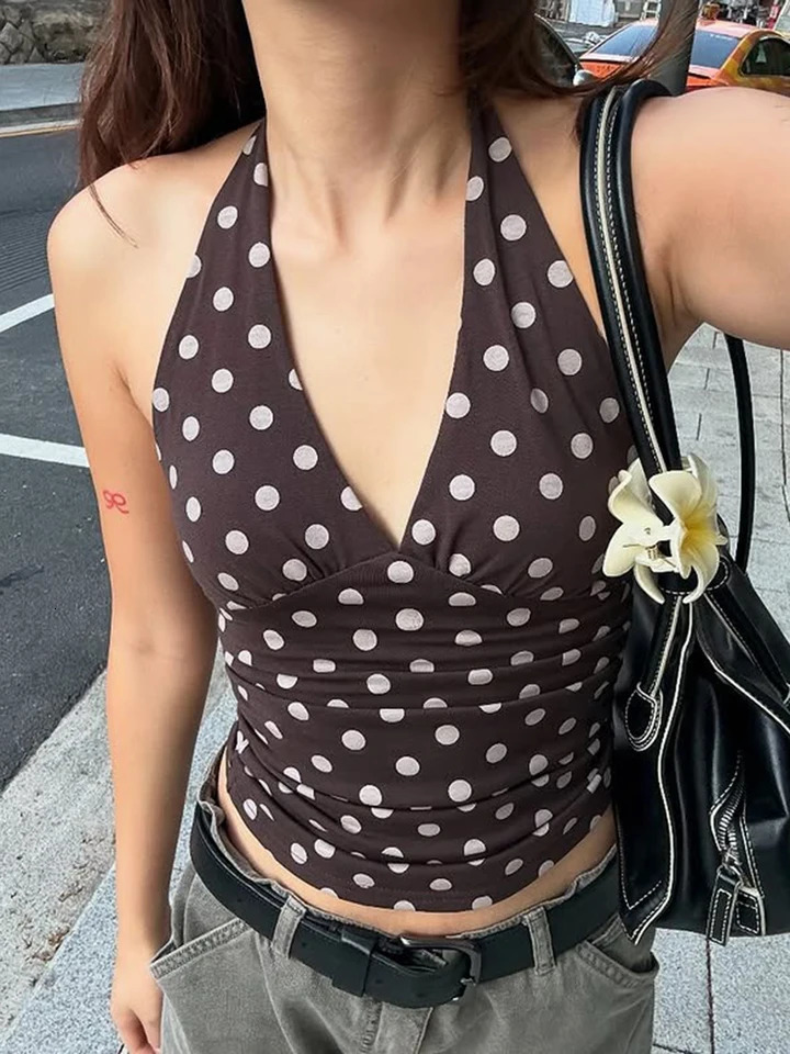 weird Puss Polka Dot Print Vest Women Y2K LaceUp Backless Halter vNeck Skinny Summer Trend Daily Street Basic Chic Tank Tops 250614