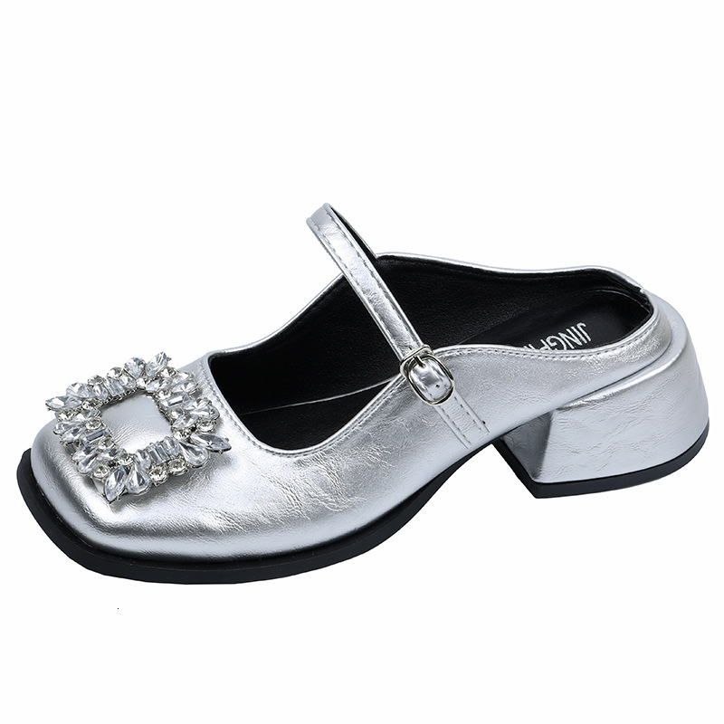 Ddmyoutdoor Rhinestone Square Buckle Peep Toe Mules For Women Summer New Fashion Chunky Heel Silver Super Popular Mary Jane Shoes Outdoor Shoes