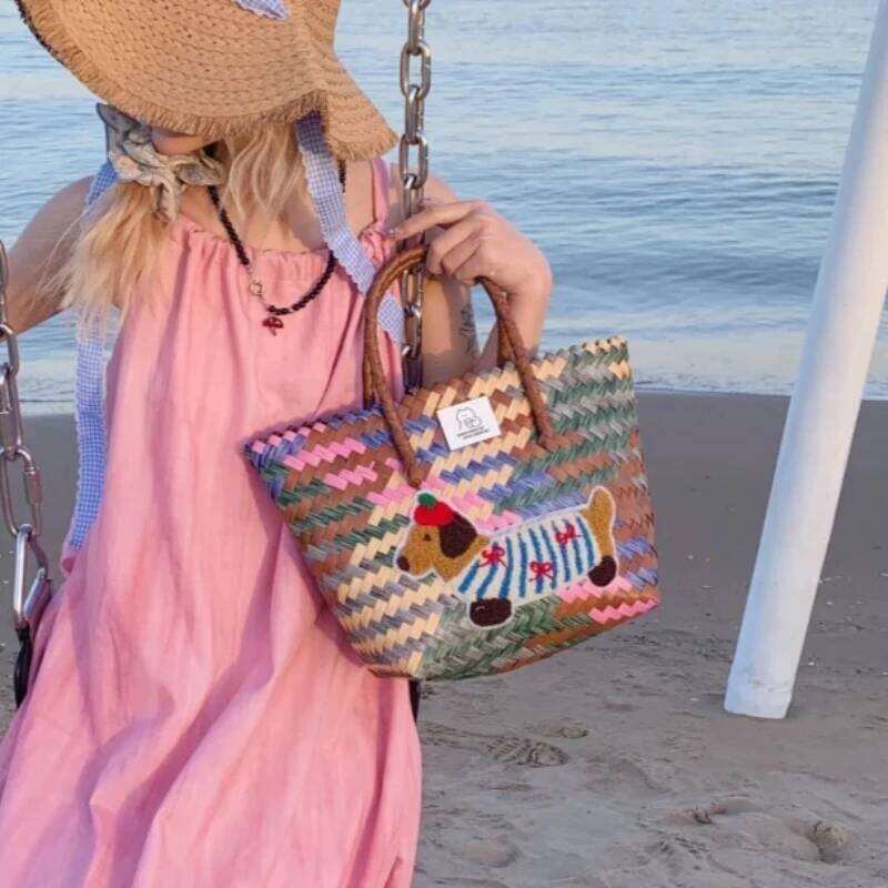 Women's Hand-Carrying Color Woven New Fashion Large Capacity Shoulder High-Grade Seaside Vacation Beach Bag