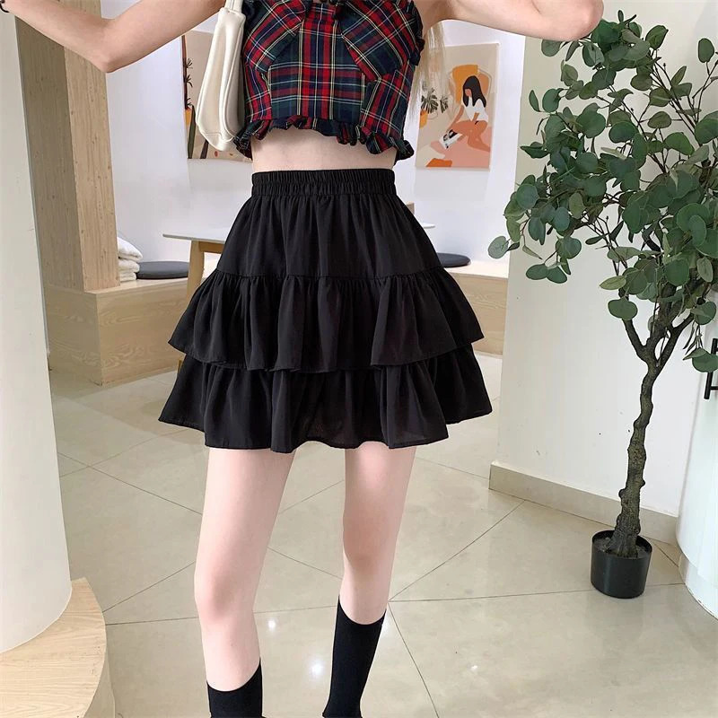 Pleated ALine Skirt Women White Ruffle Sweet Tierred Pretty Style Elastic Waist Summer Slim Basic Korean Harajuku Dress 250611