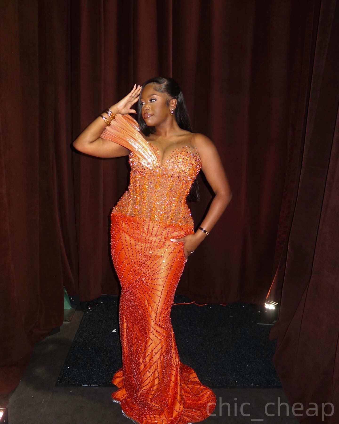 Orange Mermaid Prom Dresses 2025 Beaded Sheer Neck Sequined Evening Formal Party Second Birthday Engagement Gowns Plus Size Dress For Special Occasion