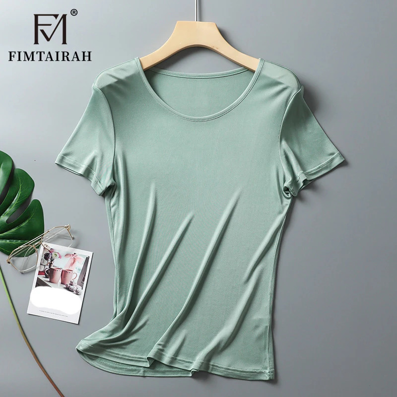 Fimtairah Double-sided knitted silk T-shirt for women elastic short-sleeved mulberry silk round-neck slimming top 250609
