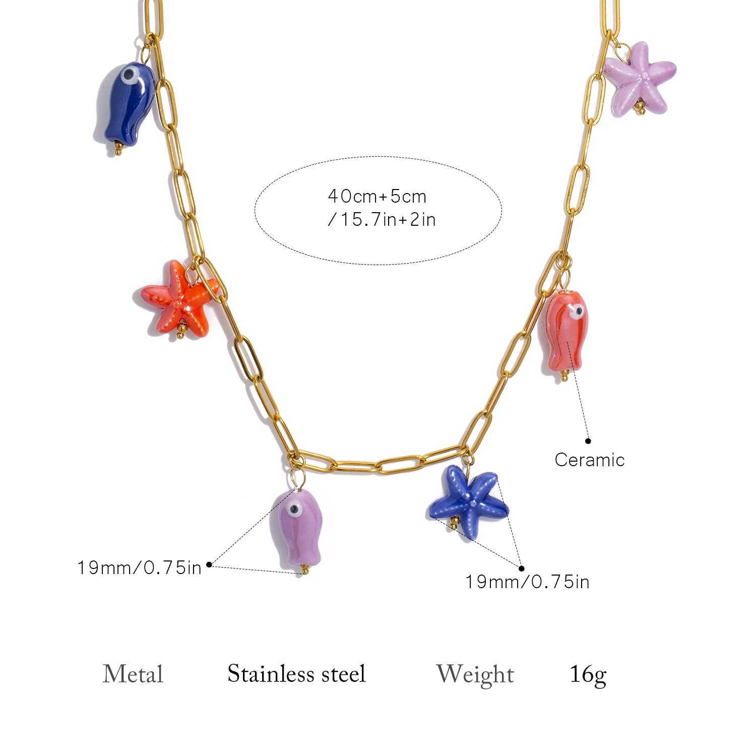 Ceramic Fish Starfish Pendant Necklace for Women 18K Gold Plated Stainless Steel Vibrant Dopamine Jewelry Hypoallergenic Gift Z250614