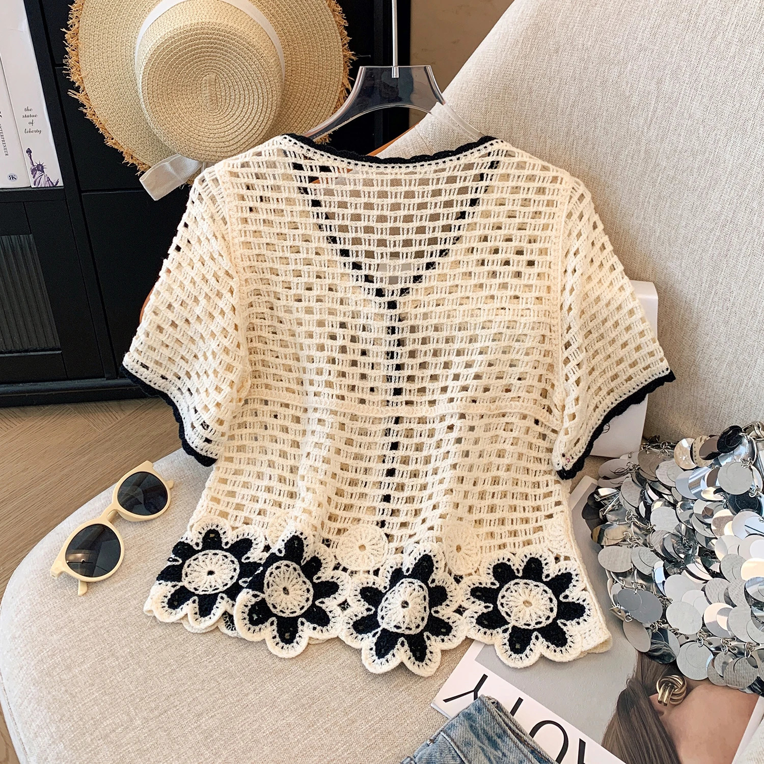 Sunflower y Crochet Top Short Sleeve Button Front Semi Sheer Openknit Blouse Summer Women Teengirl Fairycore Outfit 250614