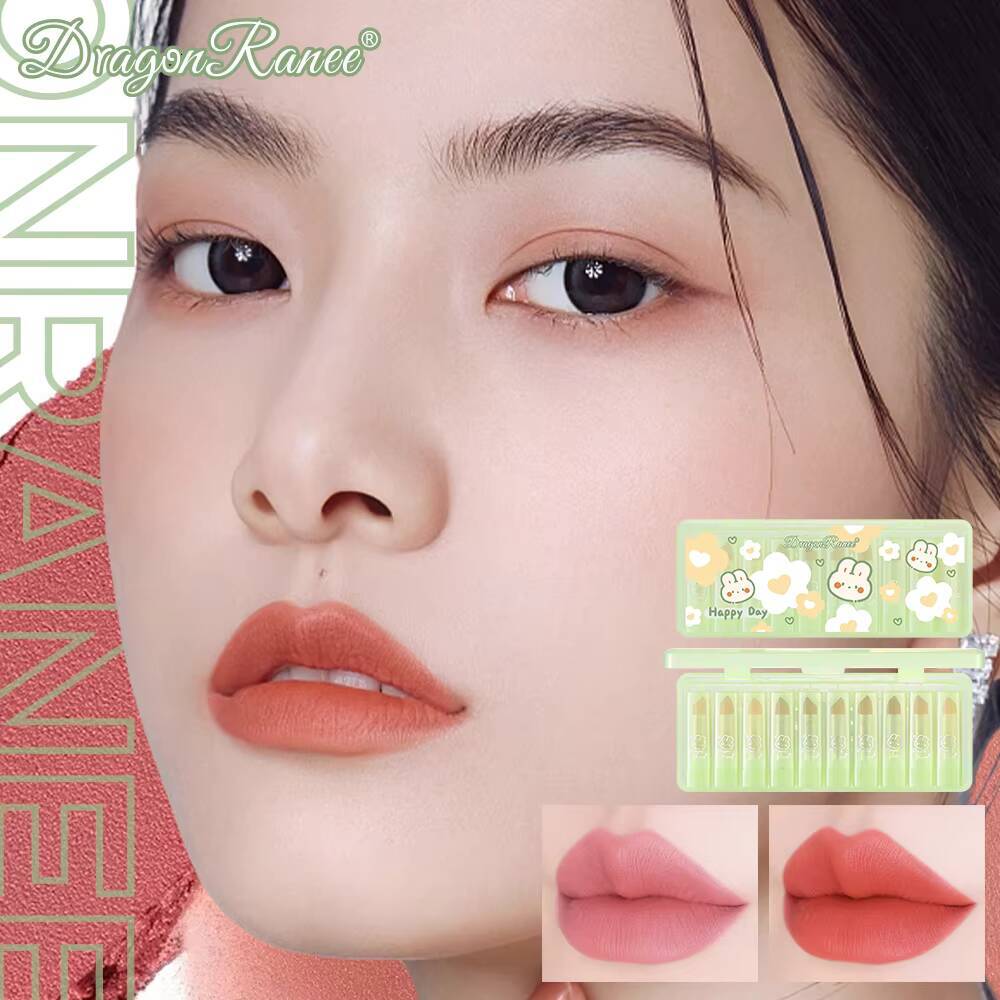 Dragon Ranee10pcs Matte Velvet Green Bunny Translucent Waterproof Sweatproof Non-Stick Lipstick Set happy