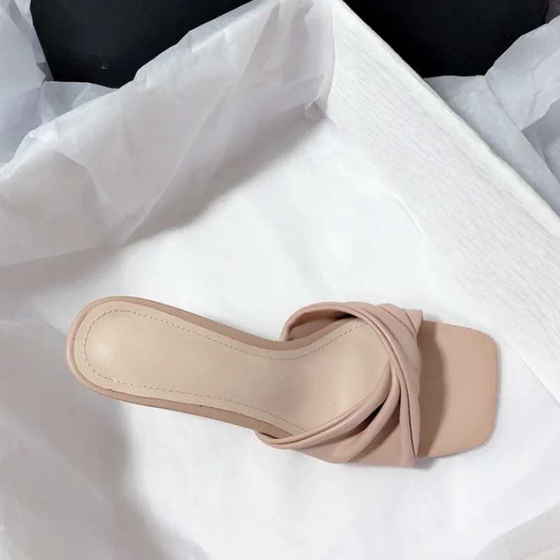 Fashion Summer Women Shoes Handmade Square Open Toe High Heels Outdoor Fashion Slippers Apricot Off White 250614