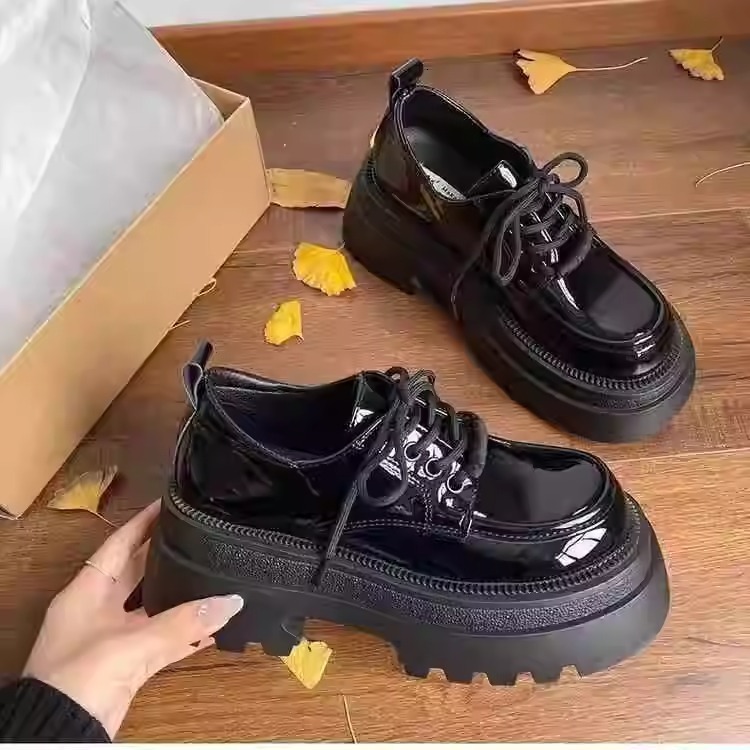 Ddmysports Black Round Toe British Style Thick Sole Women S Leather Spring Autumn French Height Increasing Single Shoes Outdoor Shoes
