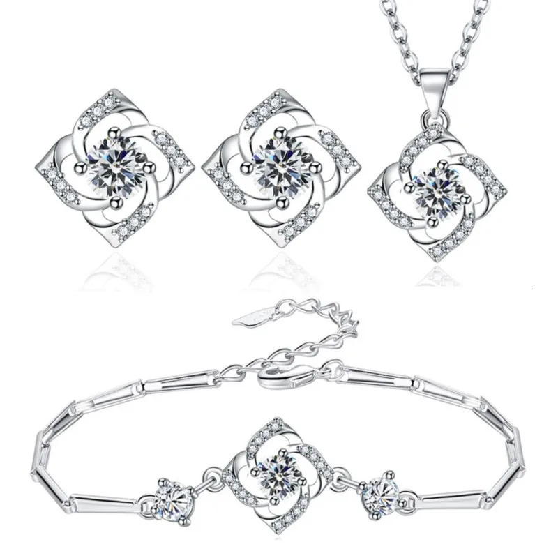 ENSHIR White Blue Zirconia Pinwheel Shape Pendant Necklace Earrings Bracelet Jewelry Set for Women Engagement Party Gift 250609