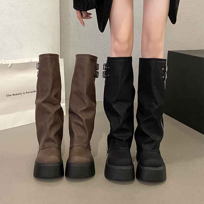 Ddmyoutdoor Soft Leather Chunky Sweet Cool Style Hot Girl Slouch Thick Sole Western Over The Knee Long High Tube Riding Boots Outdoor Shoes