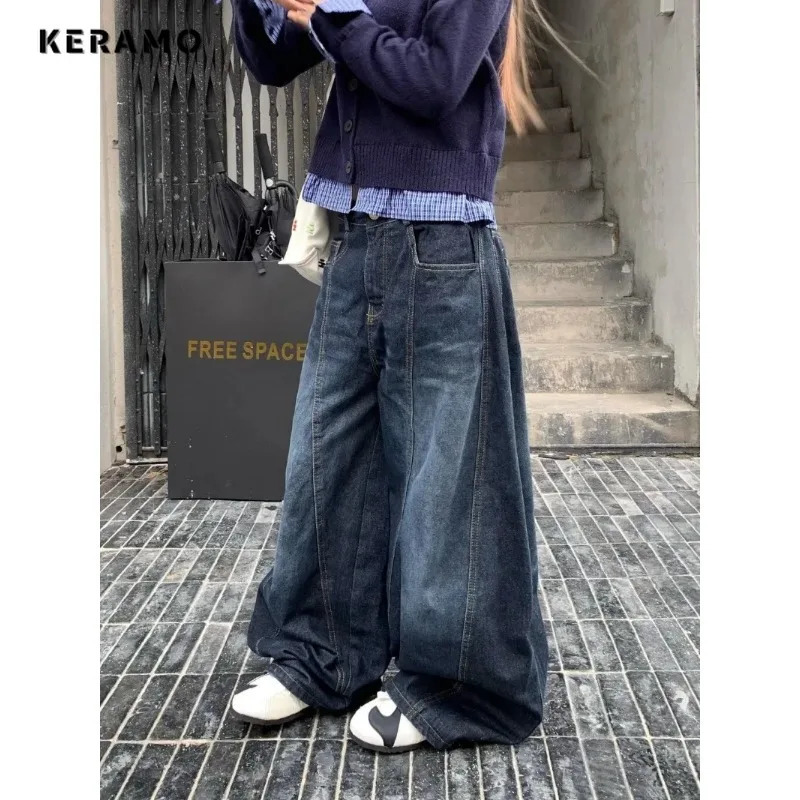 American Vintage Water Washed Machete Jeans Female Y2K Streetwear Fashion Girl Trend Hip Hop Baggy Wide Leg Mop Pants 250612