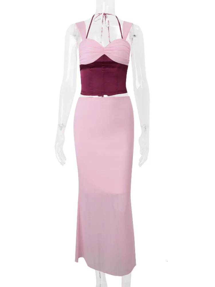 Mozision Sexy Skirt Two Piece Sets Women Halter Laceup Cropped Tops And Maxi Ladies Fashion Sleeveless 2 Sets 250611