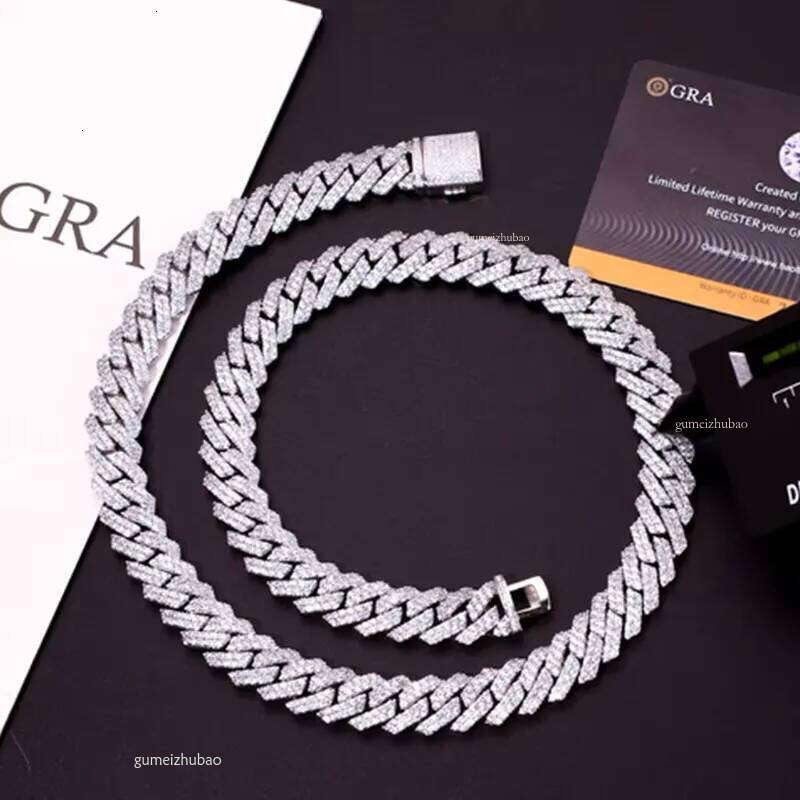 Hip Hop 2 Rows Stones 12mm Sterg Sier White Gold Plated Iced VVS Dia Moissanite Cuban k Chain Rock Jewelry