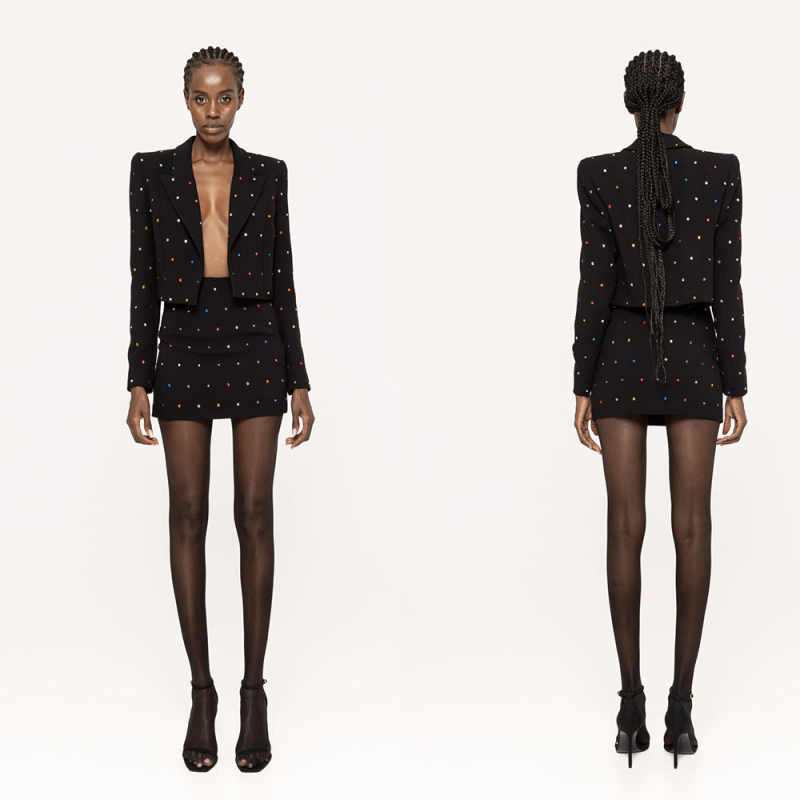 Slim Fit Women Skirts Suits 2 Pieces Crystal Beading Ladies Wear Blazer Prom Birthday Party Customized Jacket Sets