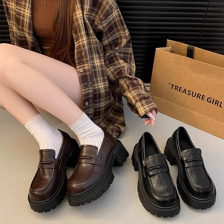 Ddmysports Platform Thick Sole Loafers For Women Spring And Autumn New French Chunky Heel Single British Style Versatile Leather Shoes Outdoor Shoes