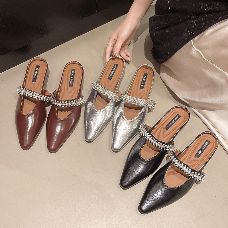 Ddmyoutdoor Pointed Toe Thick Sole French Slippers Spring Autumn New Style Hidden Heel Women S Shoes With Rhinestones Outdoor Shoes