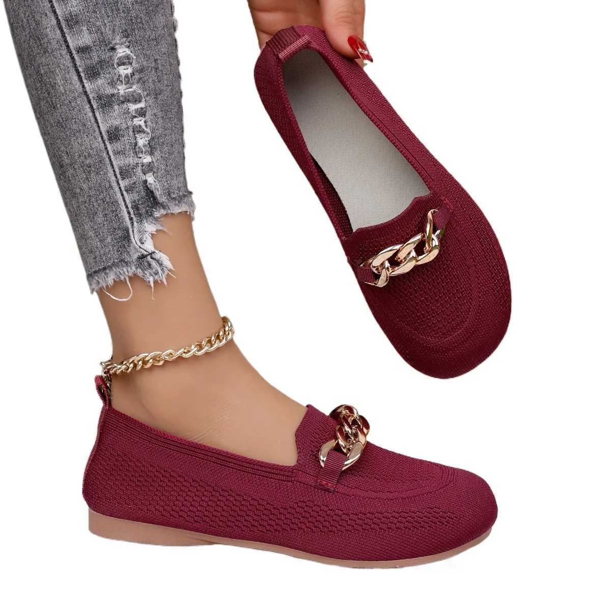Metal Chain Decor Flats Shoes for Women 2025 Plus Size 44 Mesh Breathable Loafers Shoes Woman N-Slip Casual Vulcanized Shoes XJ250614
