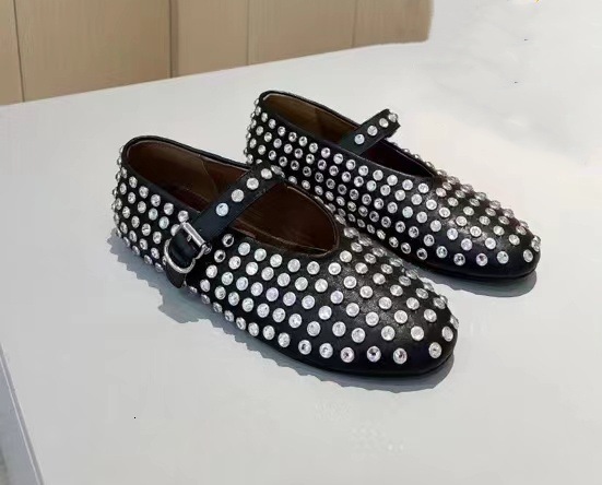 Ddmysheep Ddmysheep One Strap Ballet Hollow Mary Jane Women Genuine Leather Rhinestone Flat Evening Round Toe Shallow Mouth Single Shoes