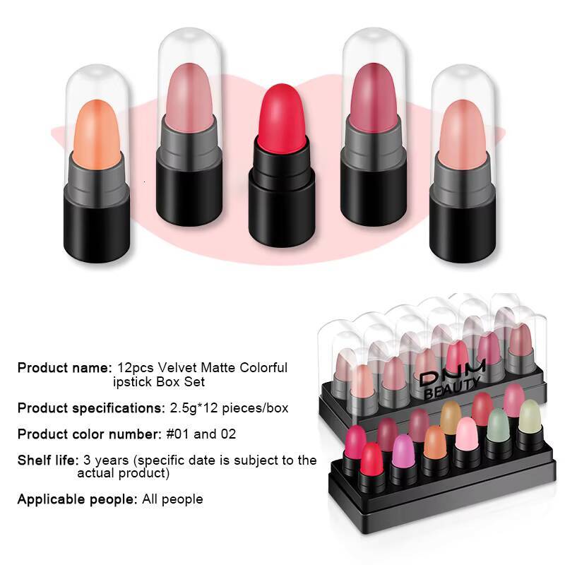 12pcs Matte Lipstick Box Set Velvet Gloss Waterproof Long Lasting Portable Lip Glaze Non-Stick Cup Sexy Makeup Cosmetics happy