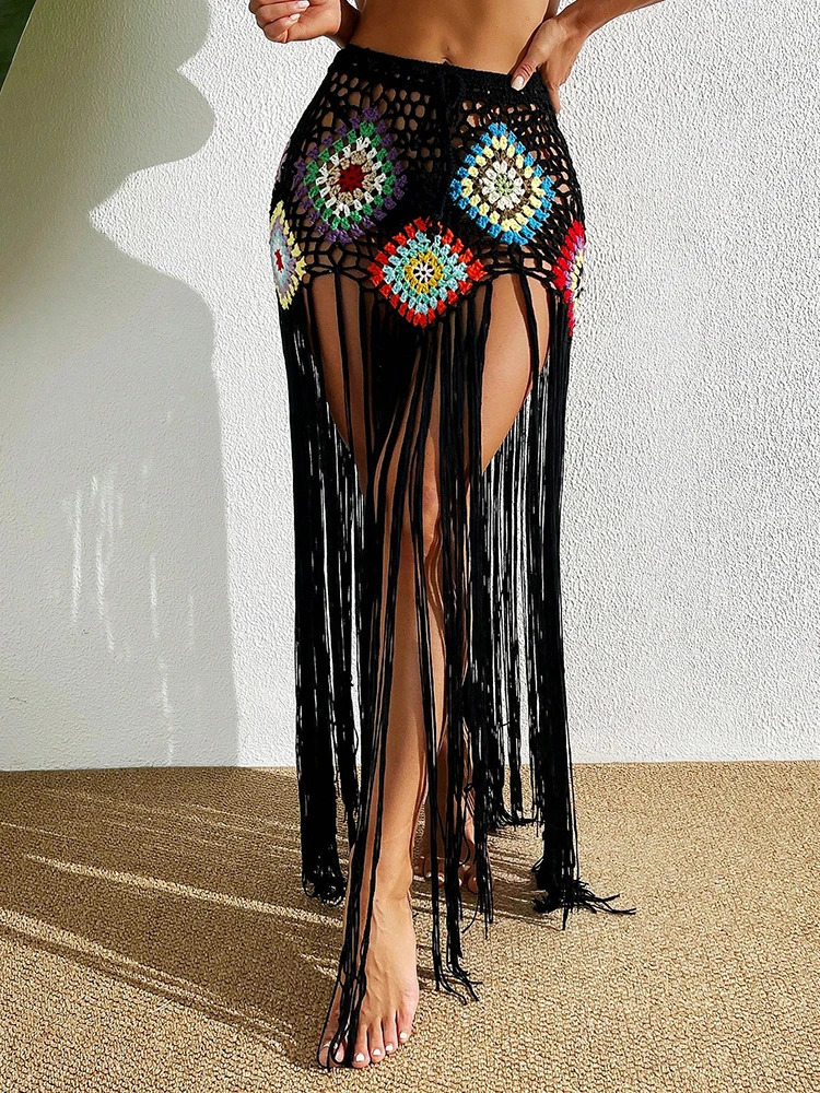 Cover Ups Crochet Long Fringe Tassel Beach Dress Hollow Out Swimwear Bathing Suit Beachwear Tunics Halflength Drawstring Skirt 250614