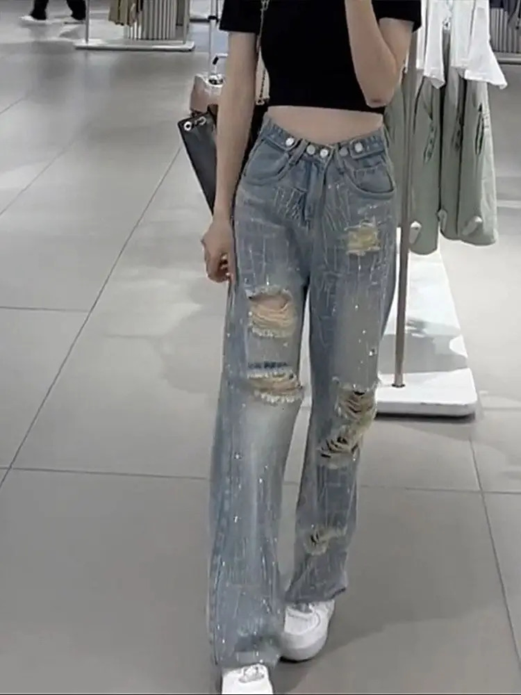Female Cowboy Pants with Rhinestones Womens Torn Jeans High Waist S Wide Leg Trousers Summer Unique Shiny Original Pant 90s 250612