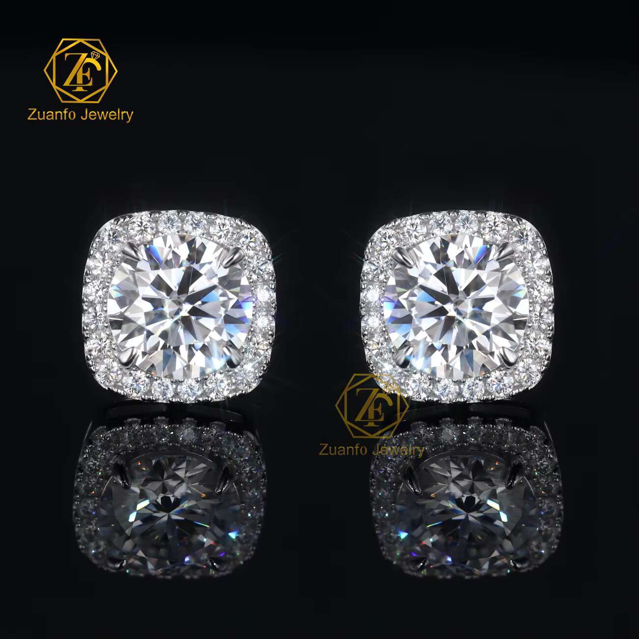Cute Style Square Round Brilliant Cut Moissanite Diamond Cluster Ice Out 925 Sterling Silver Stud Earrings