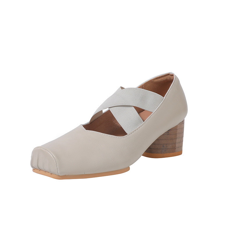 Ddmysheep Ddmysheep Genuine Leather Mary Jane New Cross Strap Square Toe Pleated Ballet High Heel Outdoor Single Shoes For Women