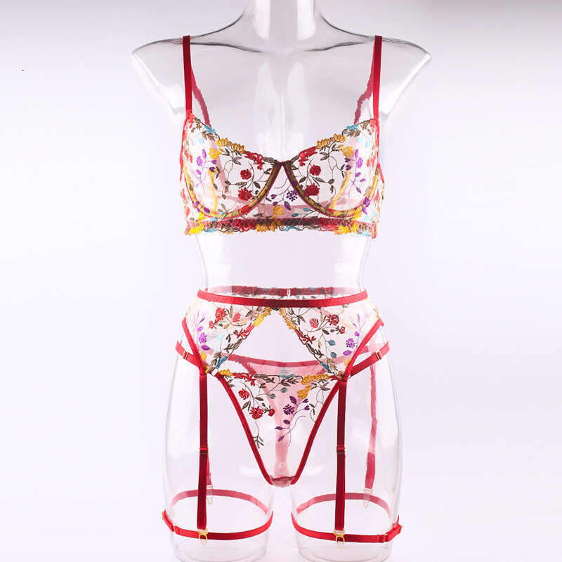 Sexy Lingerie Porn Suits Sexy Embroidered Floral Color Block Bra Garter Belt Five Piece Lingerie Set Spell Lingerie