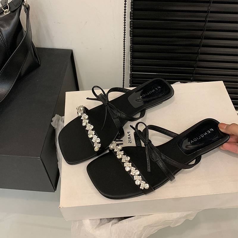 Ddmyoutdoor French Style Flat Rhinestone One Strap Fairy Shoes Outdoor Summer Pink Dress Matching Bowknot Sandals Outdoor Shoes