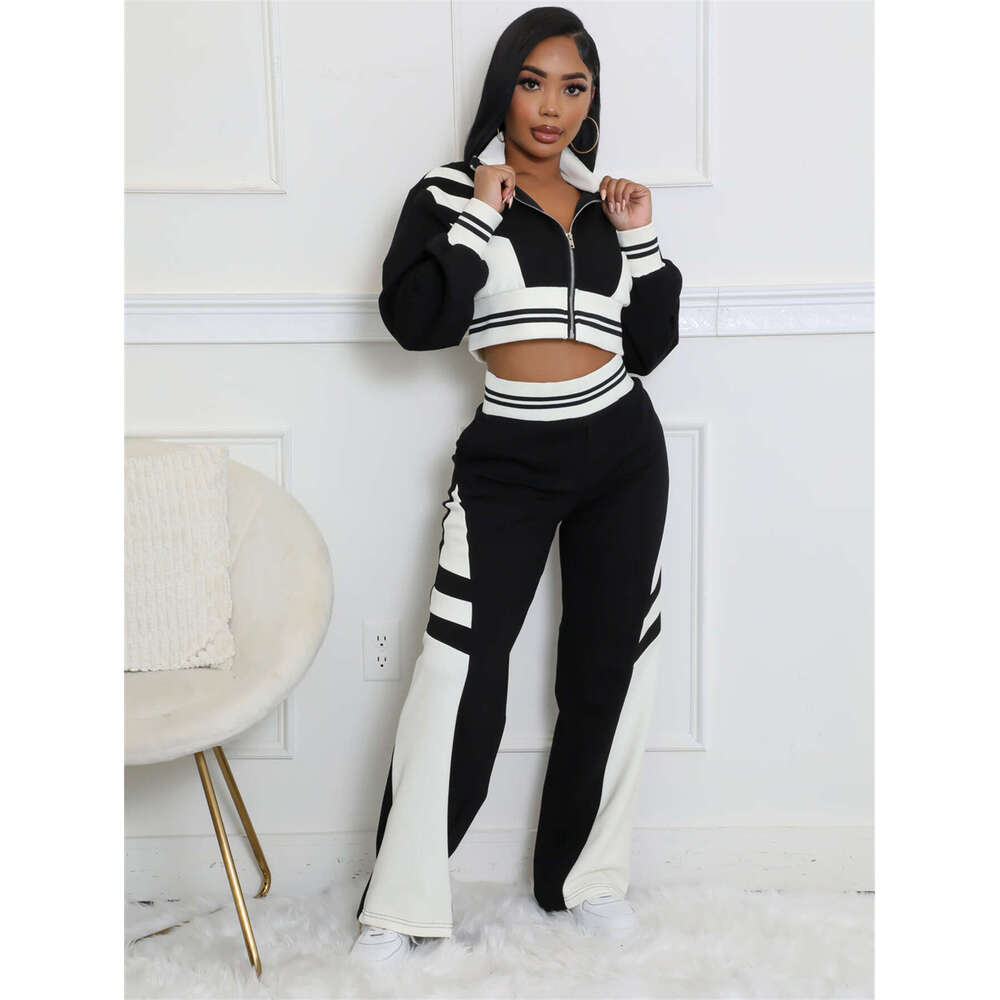 Autumn New Fashion Trend Color-Block Casual Sports Long Sleeve Jacket Top And Pants Set B5