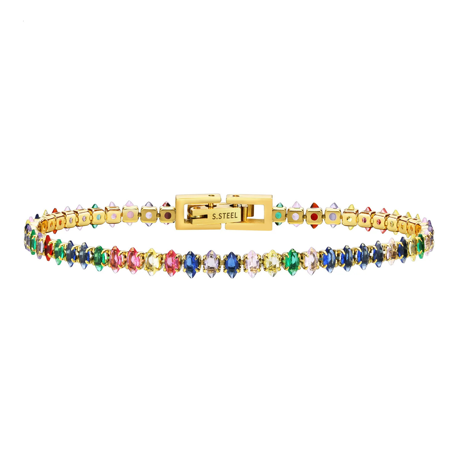 Colorful Tennis Bracelet Women Cubic Zirconia Chainstainless Steel CZ Link Girlfriend Mom Gift 250610