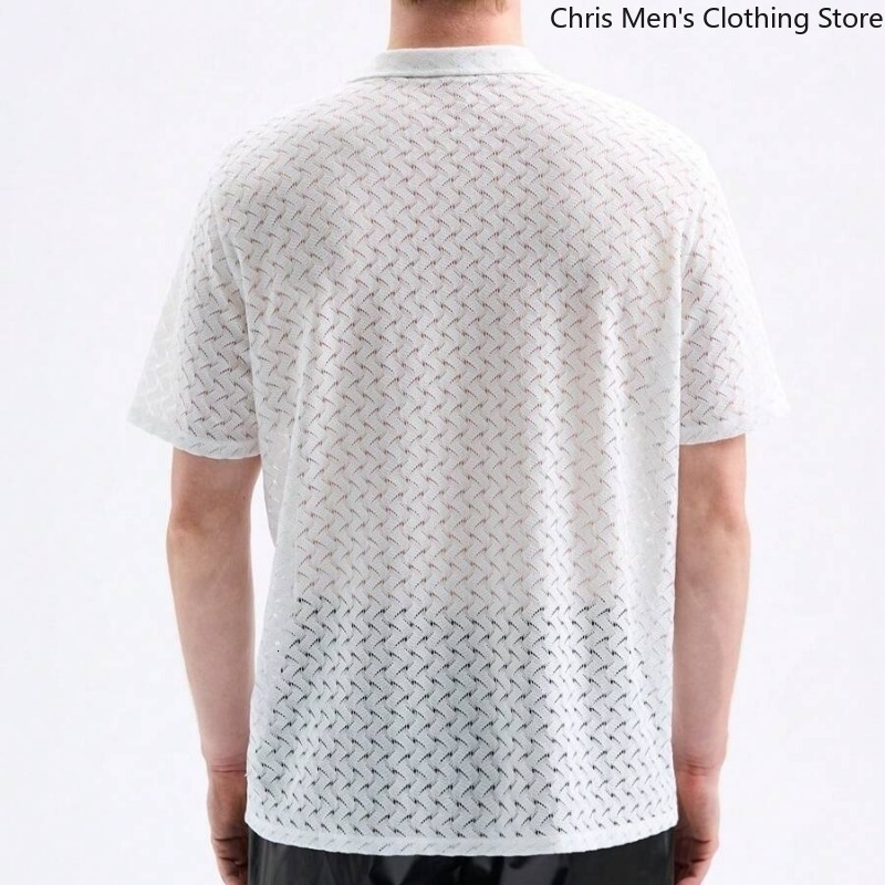 Summer Relaxed Casual Business Thin Breathable Mens Shirt ner Fashion Hollowout Perspective Men Tshirt w250520