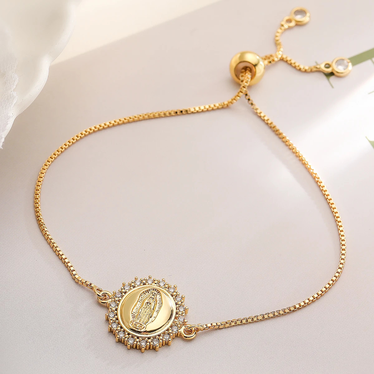 BUY Fashion Gold Color Box Chain Virgin Mary Charm Bracelets For Women Shiny CZ Zircon Jewelry 250610