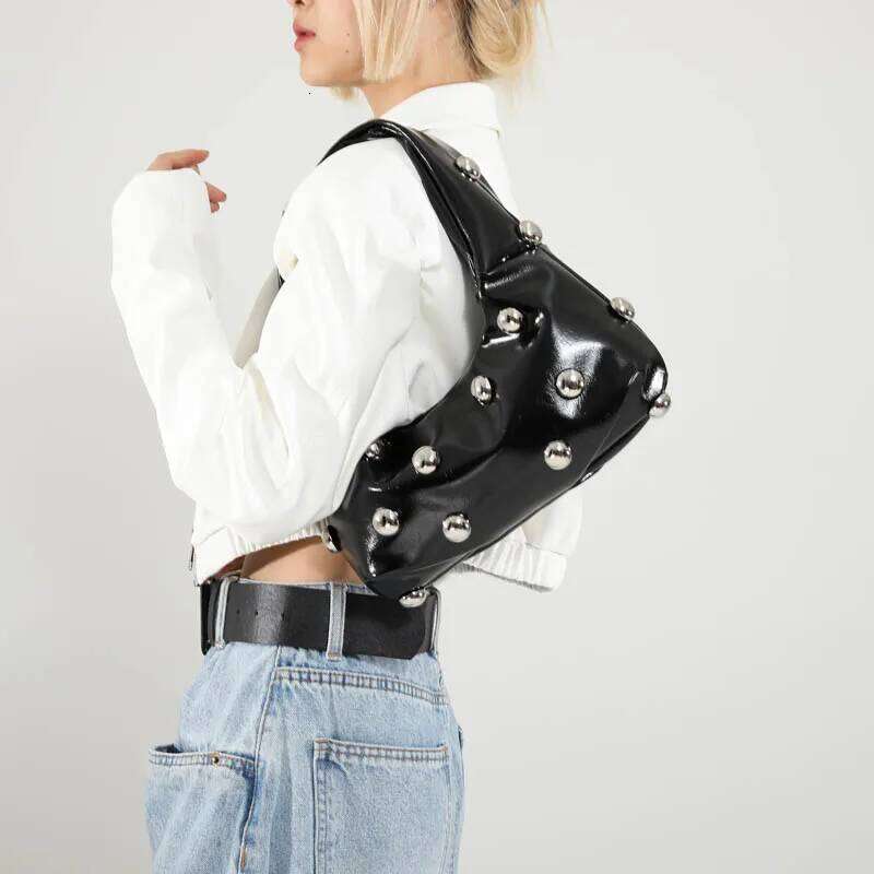 Black Half Moon Underarm Bag For Women Studded Beading Handbags Red Purse Solid Color Pu Leather Shoulder Crossbody Bags