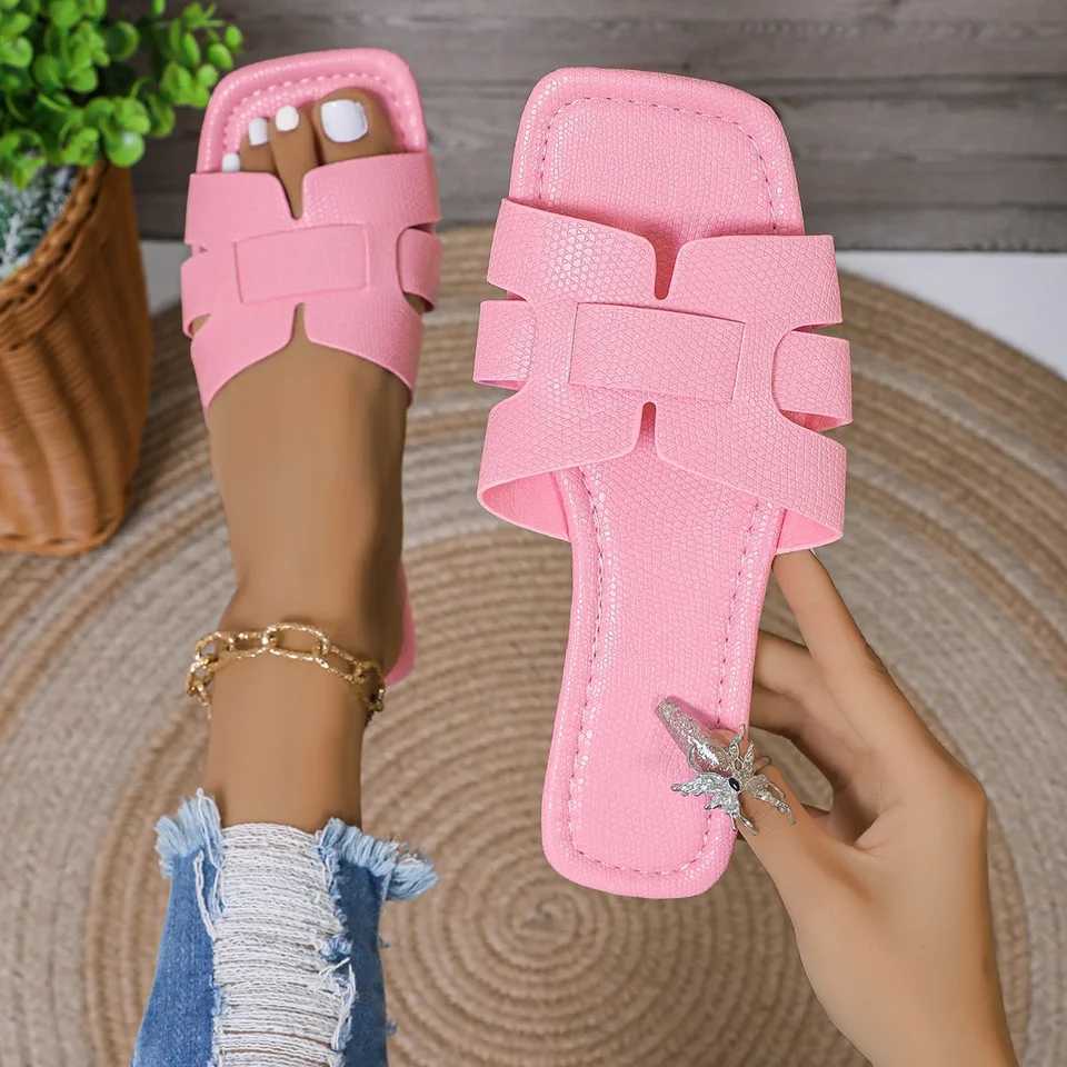 Pink womens leather slippers comfortable open heel flat shoes casual couple beach sandals Z250614