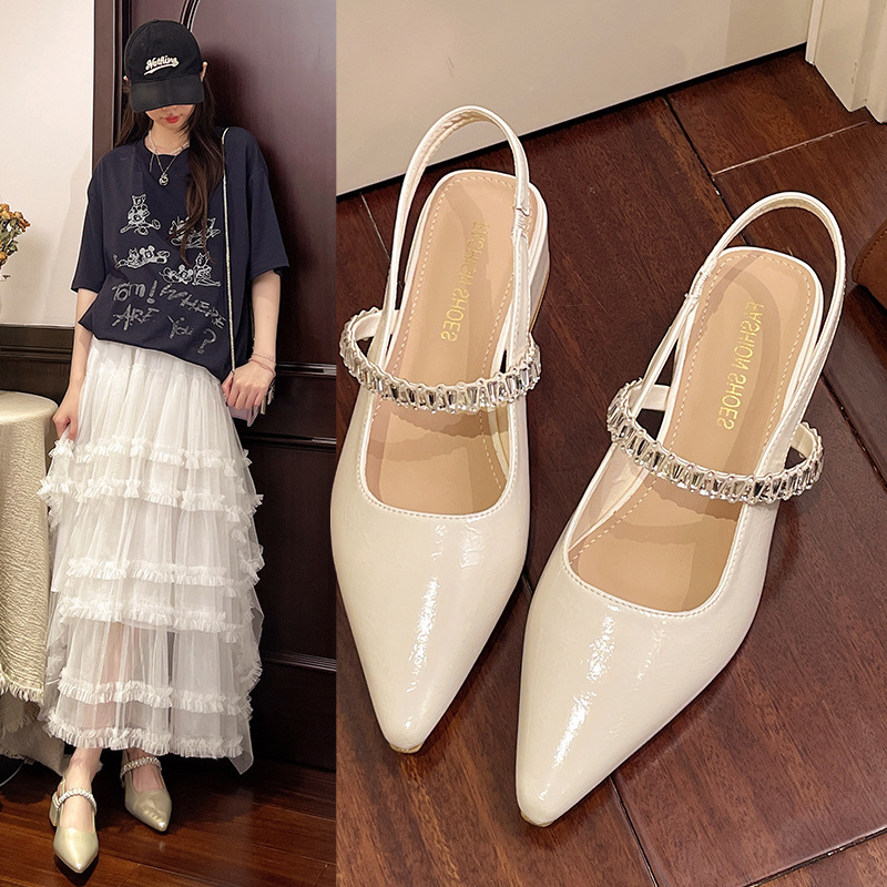 Ddmyoutdoor French Style Peep Rhinestone Strap For Women Thick Low Heel New Pointed Toe Open Back Mary Jane Sandals Outdoor Shoes