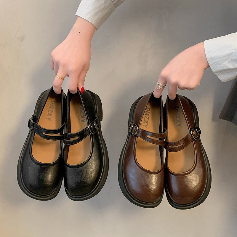 Ddmyoutdoor Round Toe Shallow Mouth Single Spring Autumn New British Style Small Leather For Women Korean Version Flat Mary Jane Shoes Outdoor Shoes