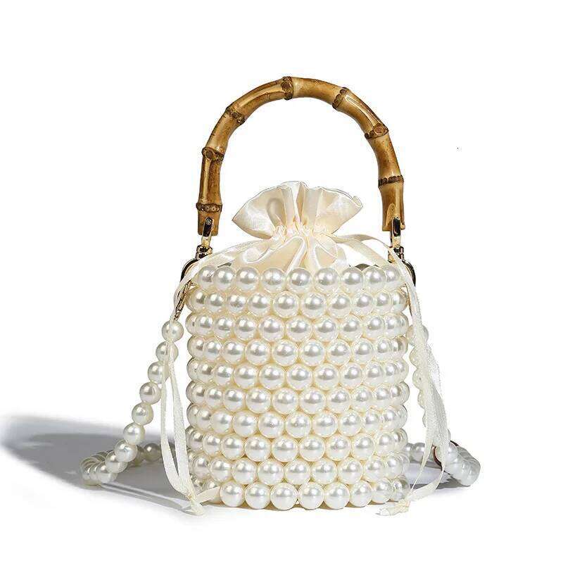 New Beading Acrylic Pearl Handbag Fashion Bamboo Handle Women's Cylindrical Shape Drawstring Evening Clutches Bag