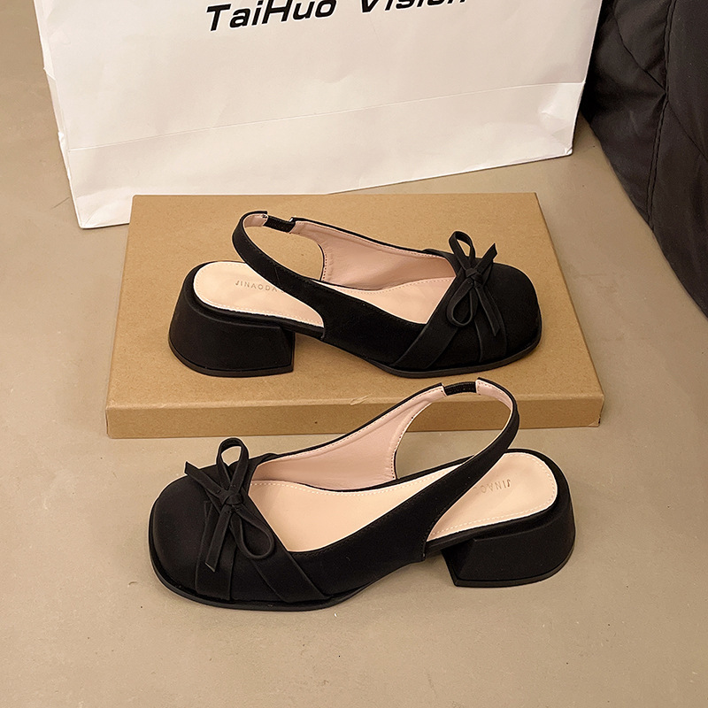 Ddmyoutdoor Spring Summer New Sweet Small Square Chunky Heel Bowknot Peep Toe Sandals For Women Satin Shallow Mouth Back Strap Single Shoes Outdoor Sh