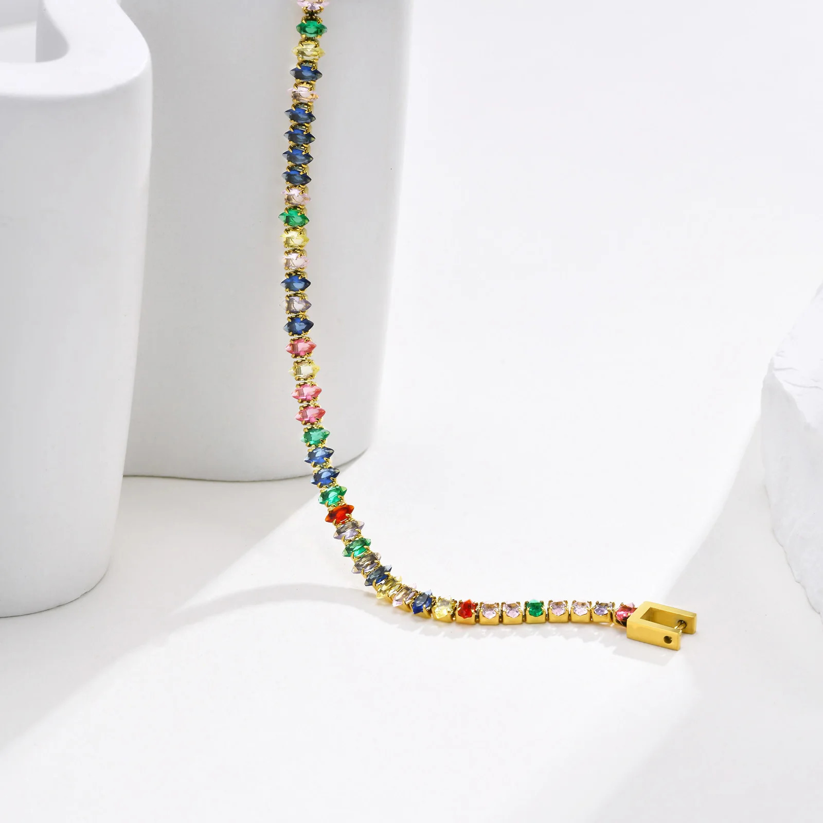 Colorful Tennis Bracelet Women Cubic Zirconia Chainstainless Steel CZ Link Girlfriend Mom Gift 250610