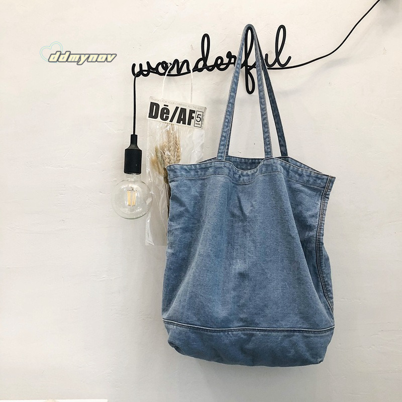 Korean Style Harajuku Denim Canvas for Women Simple Shoulder Large Capacity Solid Color Student Class Tote Bag ddmynov