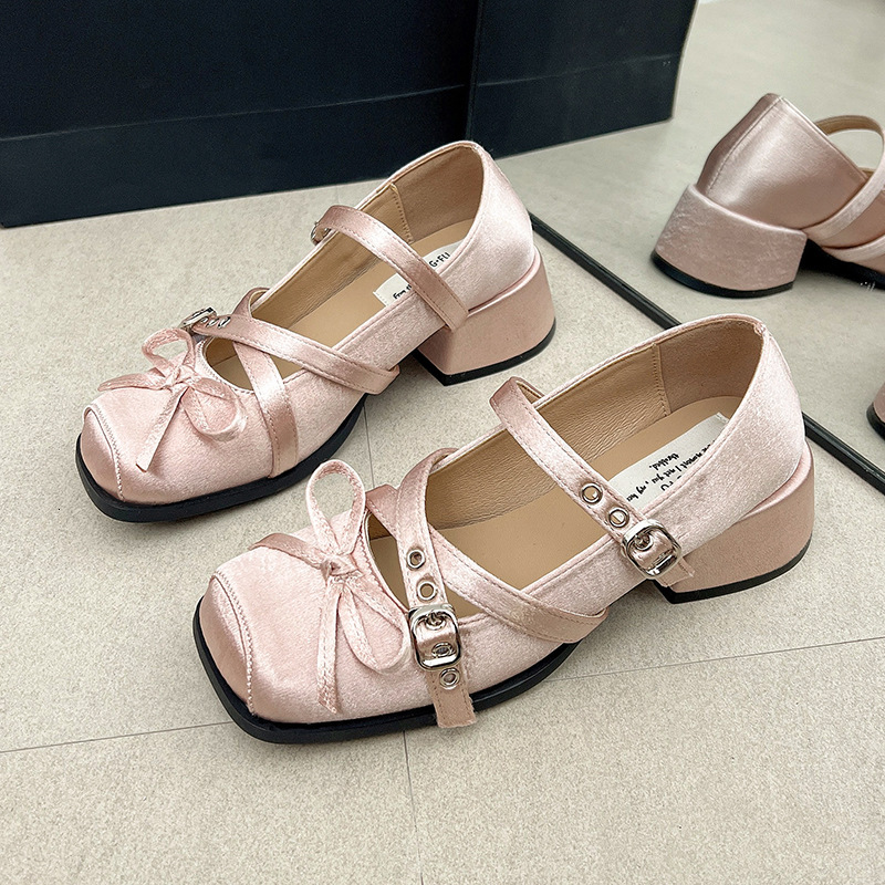 Ddmyoutdoor Chunky Mid Heel French Square Toe Bowknot Mary Jane For Women To Match Skirts Spring New Single Shoes Outdoor Shoes