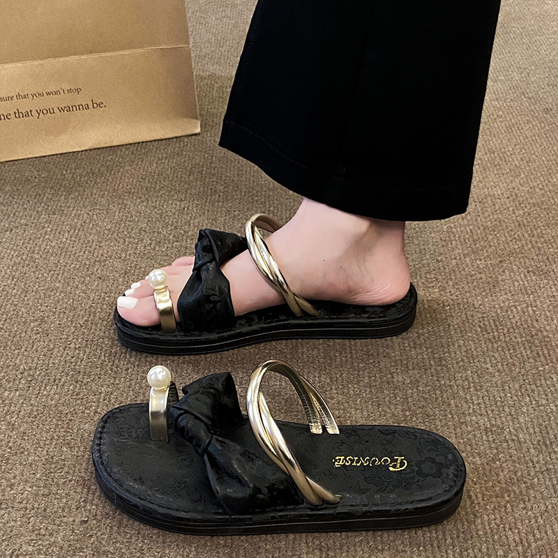 Ddmyoutdoor Women S Summer Sandals New Outdoor Chinese Style Toe Ring Beach Large Size Pearl One Strap Flat Shoes Outdoor Shoes