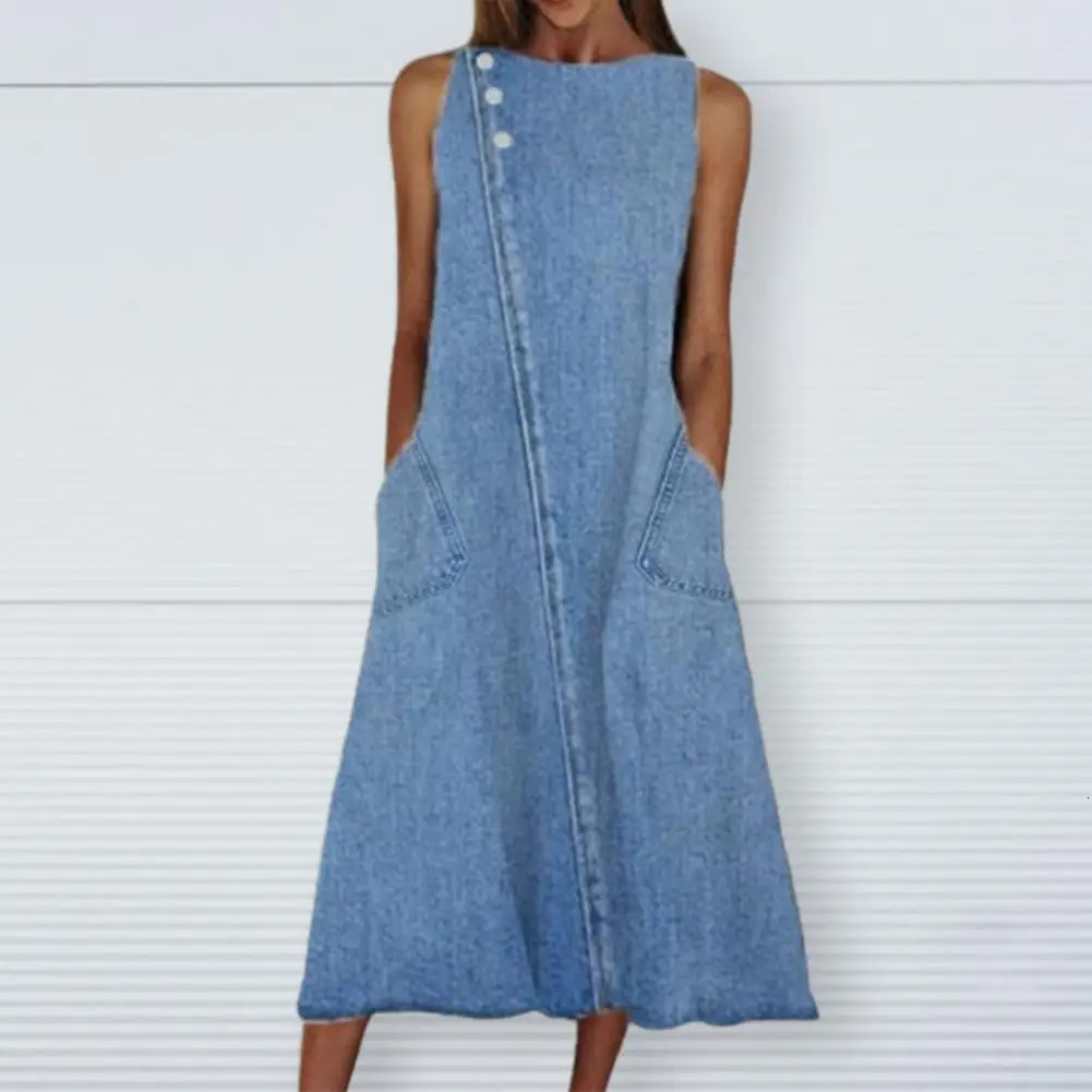 Loose Denim Dress Women Vintage Sleeveless Pockets Solid Color Summer Dress Midi Streetwear 250609
