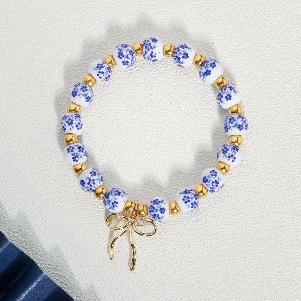 Blue and White Porcelain Beaded for Women Handmade Stretch Bracelet with Bow Charm Vintage Chinese Floral Style Jewelry Gift