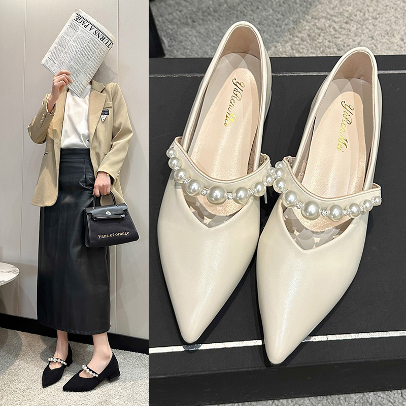 Ddmyoutdoor French Style Mary Jane For Women Spring Summer New Pearl Strap Pointed Toe Dress Shallow Mouth Single Shoes Outdoor Shoes